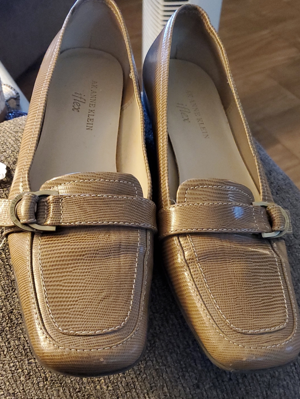 Anne Klein Brown Textured Loafers with Buckle Accent